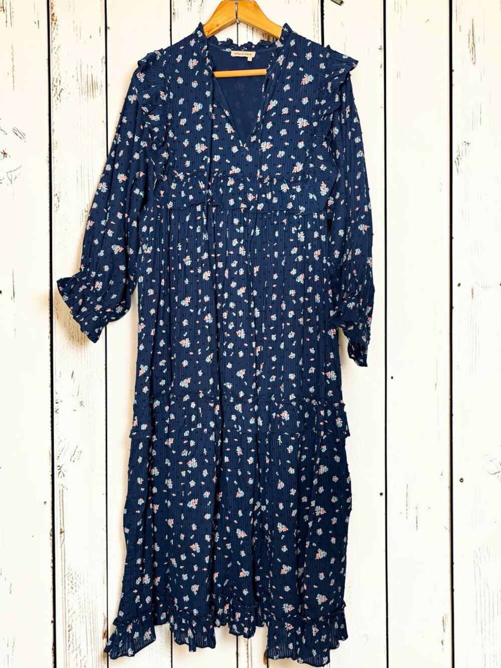 Stella Nova Women's Barbara Floral Cotton Ruffle Long Sleeve Midi Dress Size XS